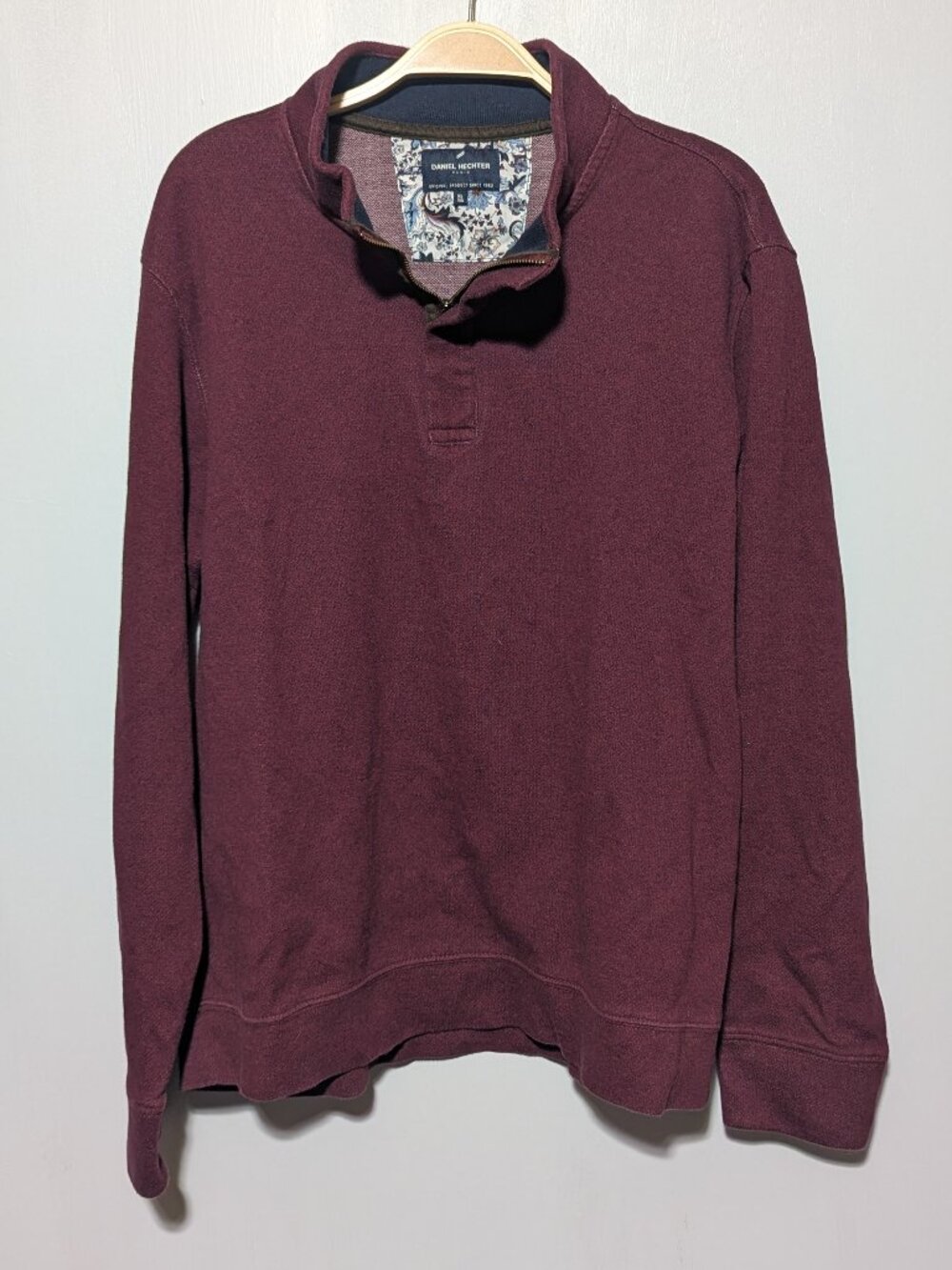 Daniel Hechter Paris 1/4 Zip Pullover Burgundy Paisley Collar Trim Cotton XL